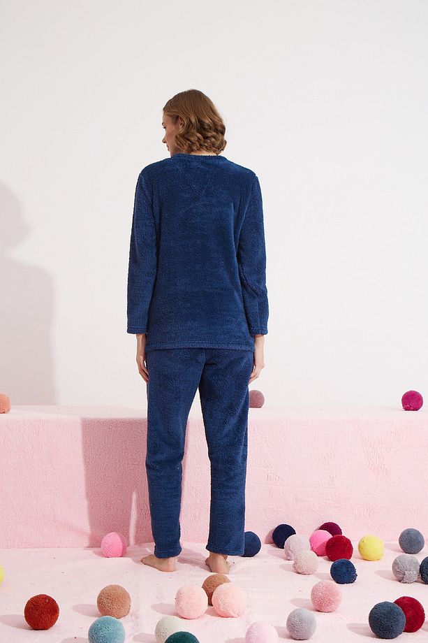 lacivert Alt-Üst Wellsoft Nakışlı Pijama Takım - 4