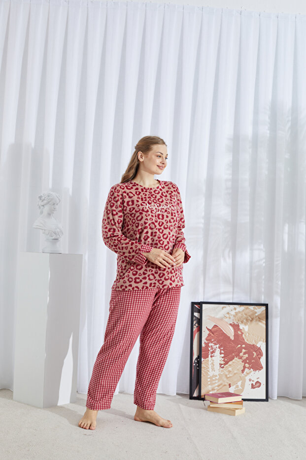 Patterned Bottom-Top Polar Embroidered Curve Large Size Oversize Pajama Set - 2