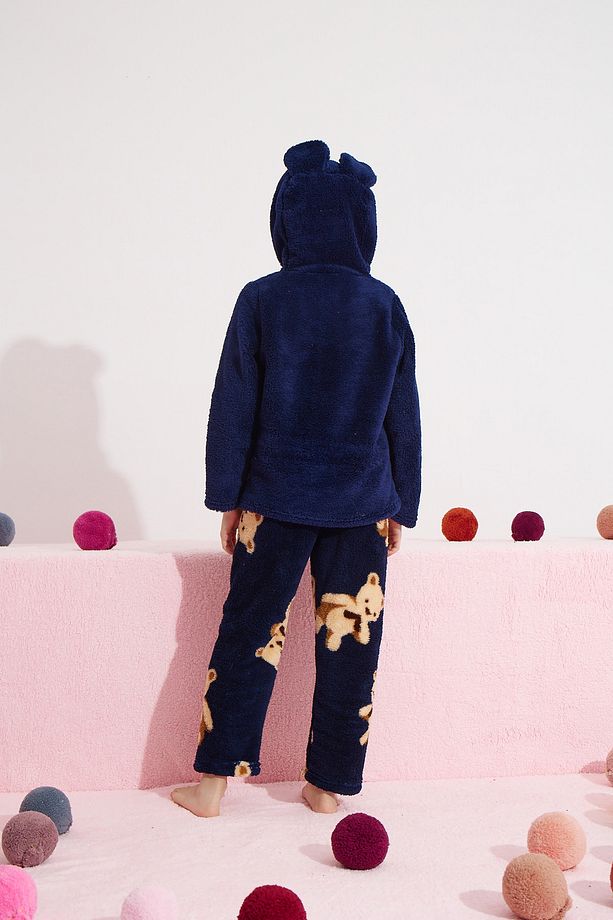 lacivert Alt-Üst Wellsoft Kapişonlu Pijama Takım - 5