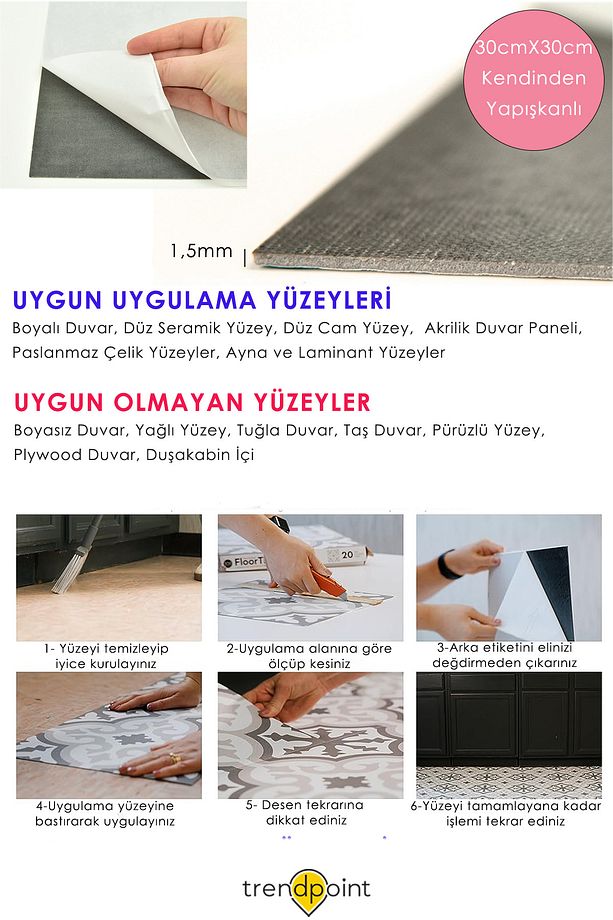 1 Adet LVT Zemin ve Duvar Kaplama Kendinden Yapışkanlı 30cm×30cm Mutfak Banyo Antre Karo - 5