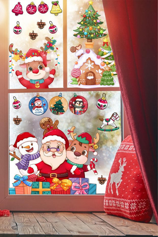 Christmas Sticker Santa Claus Deer Snowman and Lighted Christmas Ornaments Window Sticker