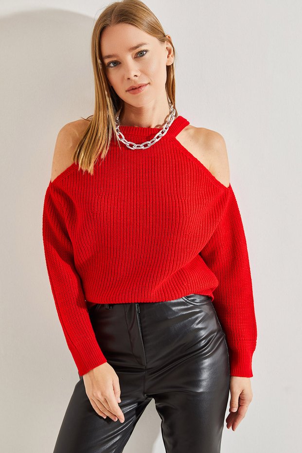Women's Red Off-Shoulder Knitwear Sweater 20234218