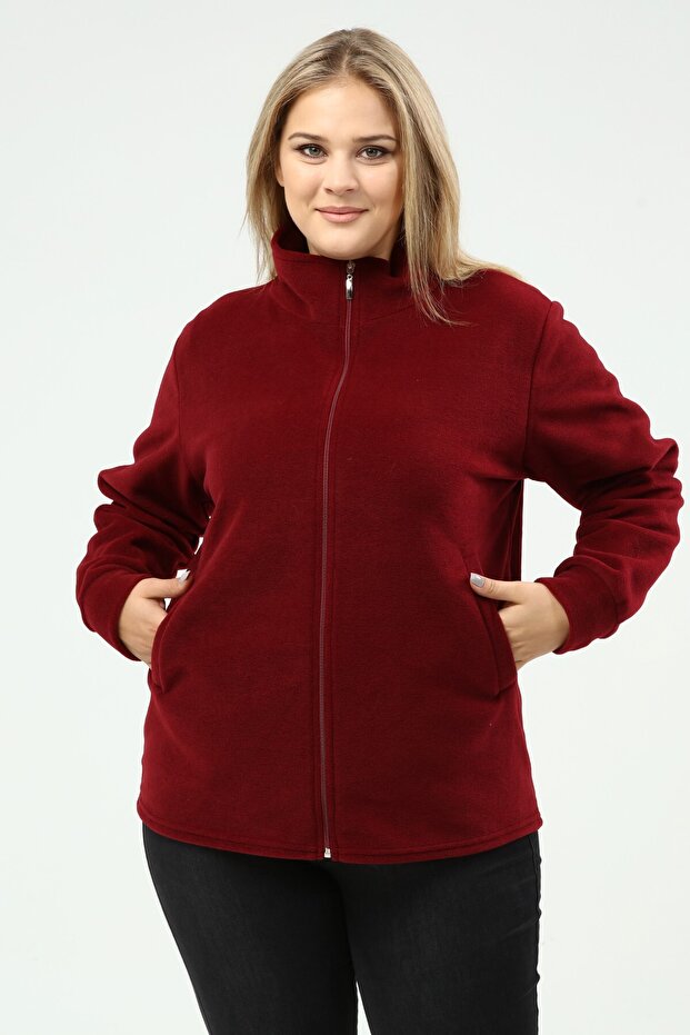 Fleece Cardigan Claret Red Zippered Winter