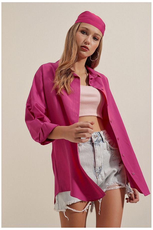Gömlek-Kadın Oversize Uzun Basic Gömlek - 3