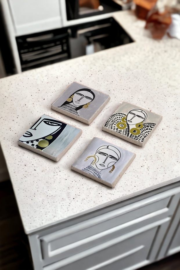 Women's Themed Natural Stone Travertine Coasters with Gold Earrings Set of 4