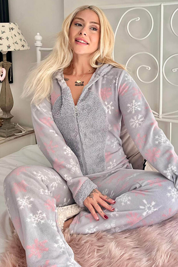 Gray Snowflake Patterned Women's Fleece Plush Jumpsuit Pajamas