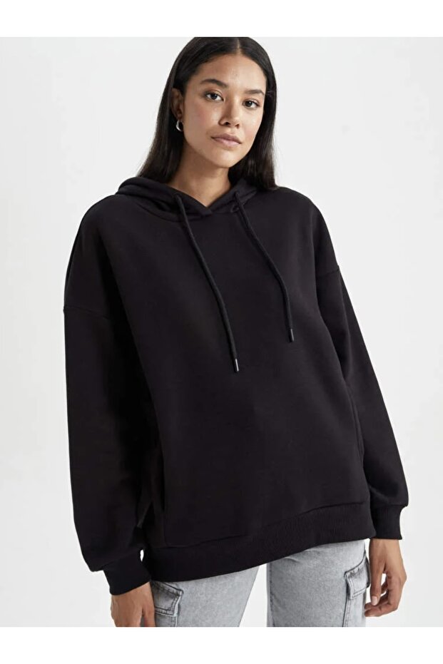 Oversize Basic Kapüşonlu Sweatshirt - 5