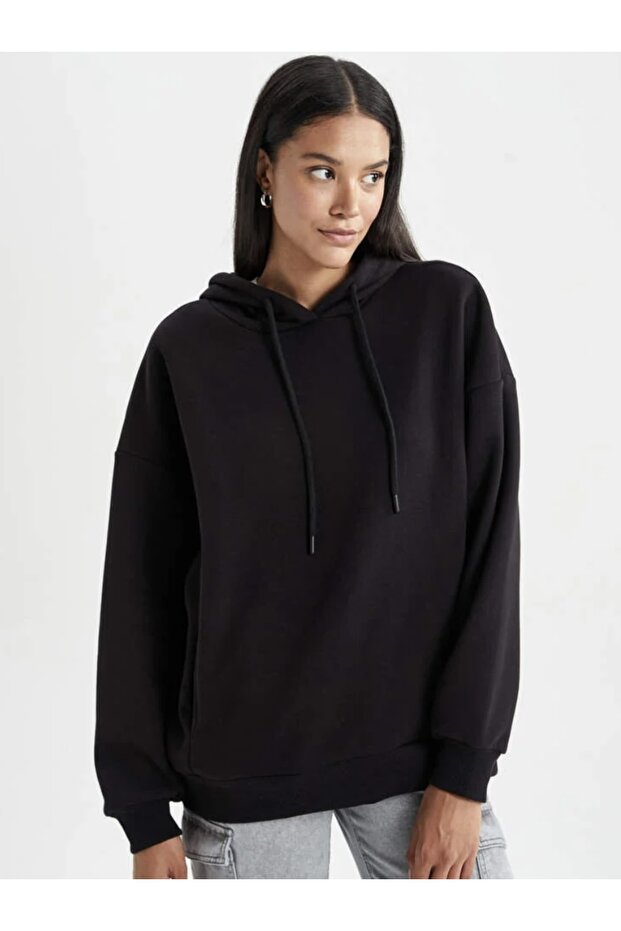 Oversize Basic Kapüşonlu Sweatshirt - 3