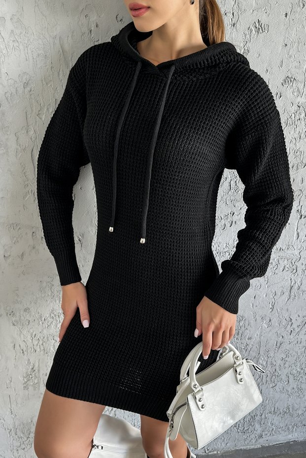 Hooded Long Sleeve Black Knitwear Dress / Tunic