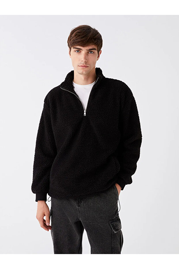 LCW Casual Stand Collar Long Sleeve Plush Men's Zippered Sweatshirt