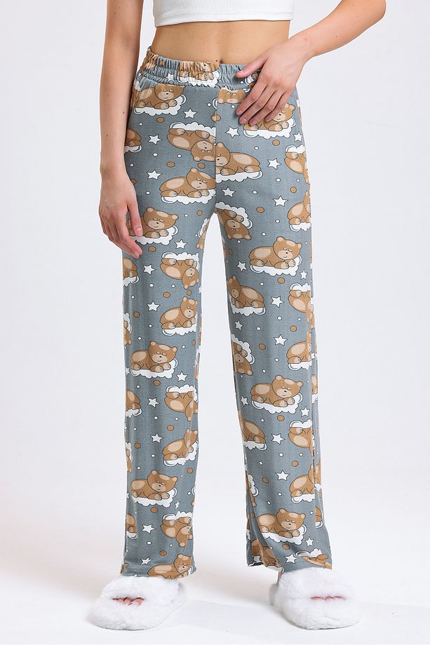 Kadın Yüksek Bel Uyuyan Ayı Desenli Yumoş Kumaş Pijama Altı - 1