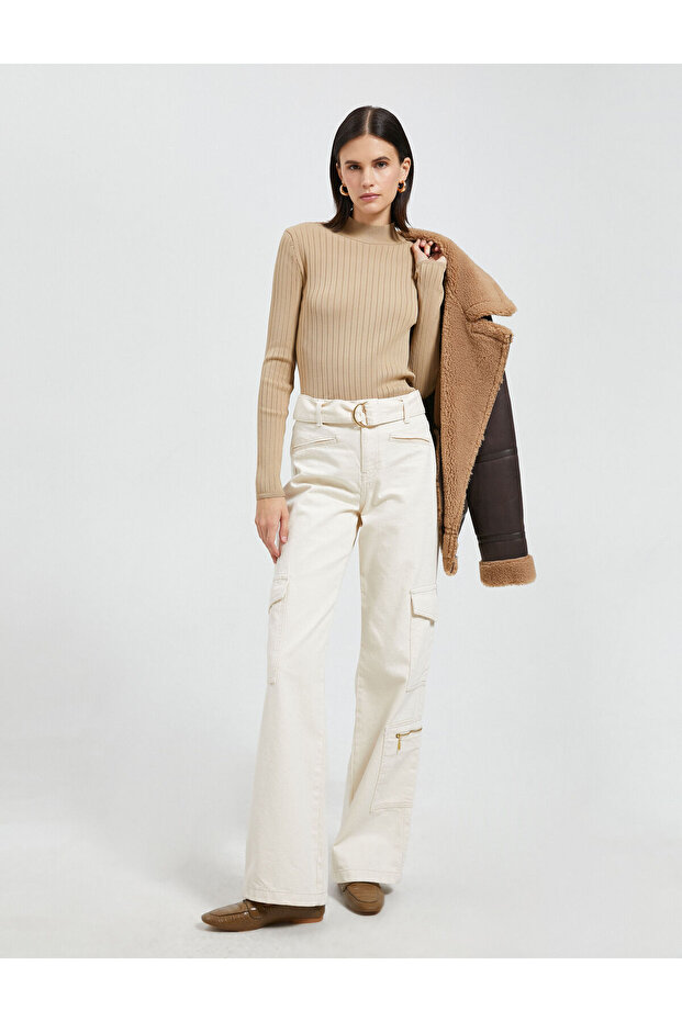 Ribbed Knitwear Sweater Half Turtleneck 4WAK90046HT Camel Hair