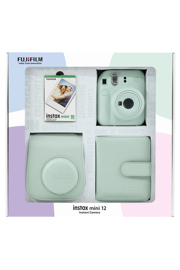 Fujifilm Instax mini 12 Yeşil Fotoğraf Makinesi 10'lu Film Kare Albüm ve Deri Kılıf Bundle Box