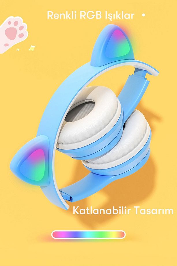 Kablosuz Bluetooth 5.0 Led Işıklı Kedili Şık Kulaklık Hediye Çocuk Oyuncu - 2