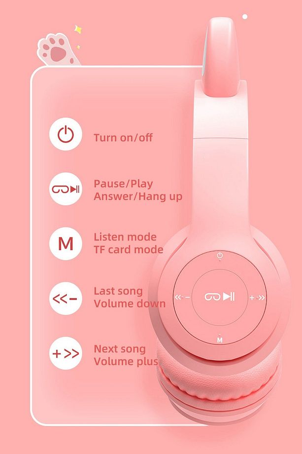 Kablosuz Bluetooth 5.0 Led Işıklı Kedili Şık Kulaklık Hediye Çocuk Oyuncu - 7