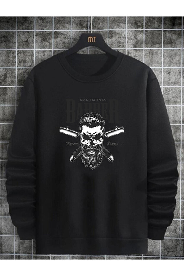 Men's Black Crew neck Berber printed Sweatshirt