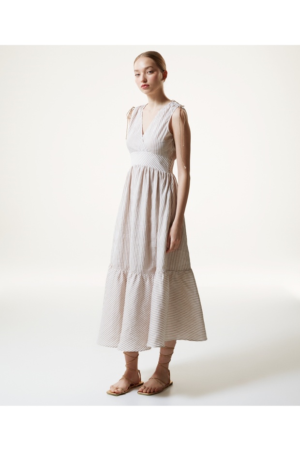 Çizgi Desen V Yaka Elbise - 2