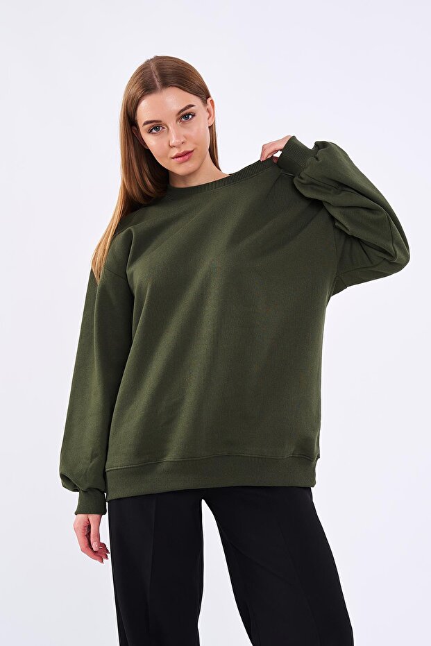 Khaki Women's Cotton Oversize Basic Crew Neck Sweatshirt