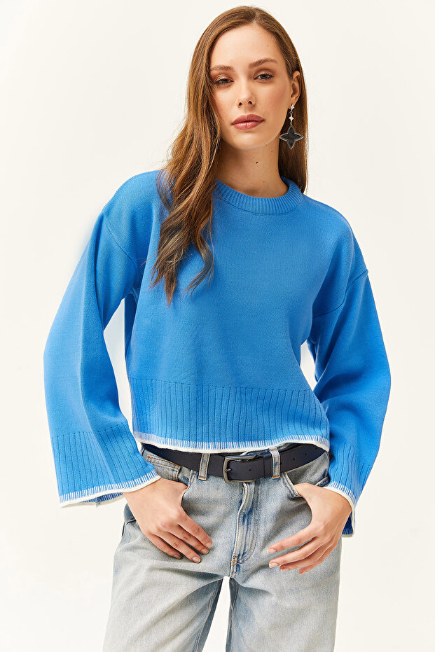 Women's Blue Spanish Sleeve Crop Knitwear Sweater