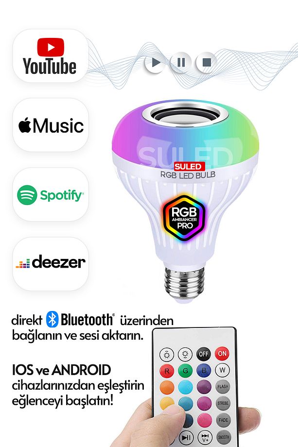 Hoparlörlü Bluetooth Led Ampül RGB Ambiyans Aydınlatmalı IOS ve Android Uyumlu Led Işık - 2
