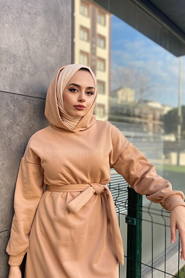Üç Iplik Kapşonlu Elbise Sütlükahve - 2