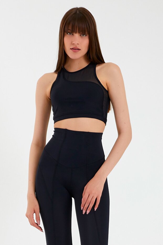 Black Half Tulle Detailed Sports Bra