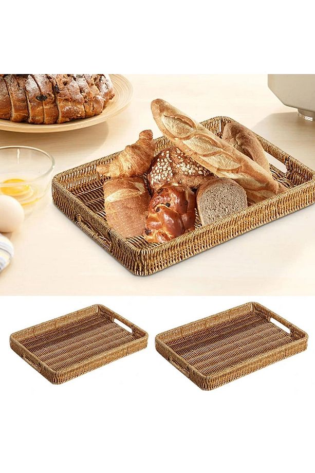 3 lü Rattan Tepsi Dekoratif Tepsi Hasır Örme Tepsi Açık Krem - 1