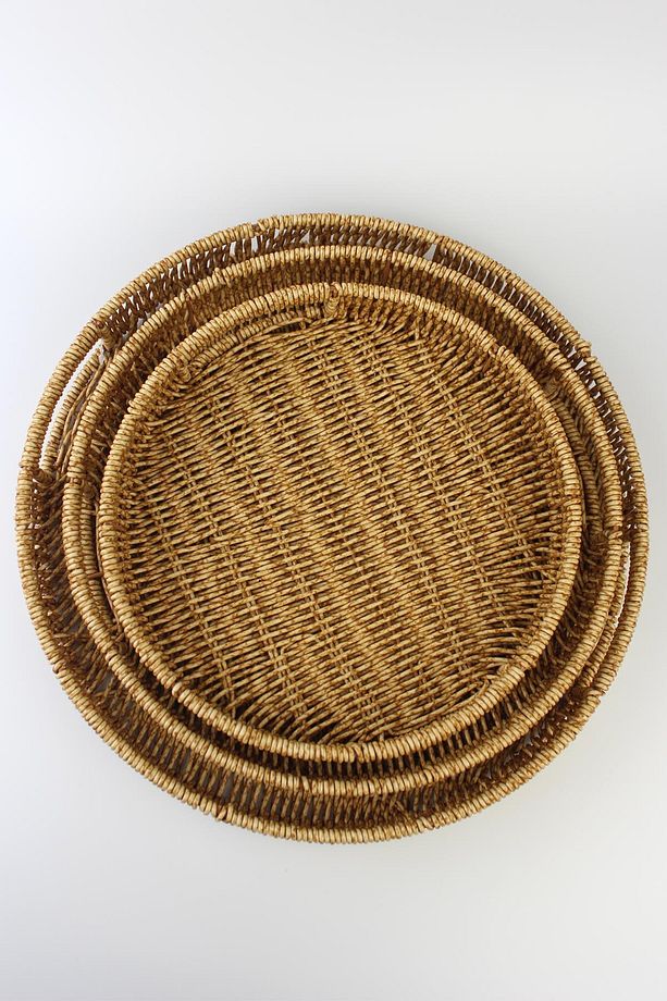 3 lü Rattan Tepsi Dekoratif Tepsi Hasır Örme Tepsi Yuvarlak Krem - 2