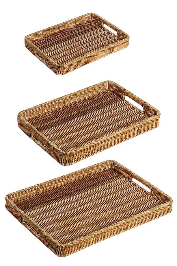3 lü Rattan Tepsi Dekoratif Tepsi Hasır Örme Tepsi Açık Krem - 2