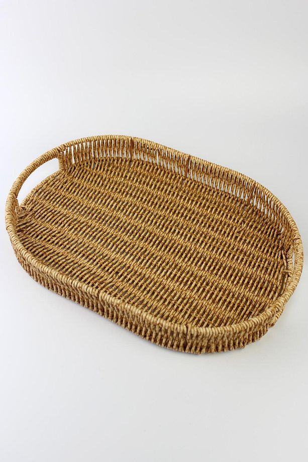 3 lü Rattan Tepsi Dekoratif Tepsi Hasır Örme Tepsi Oval Krem - 2