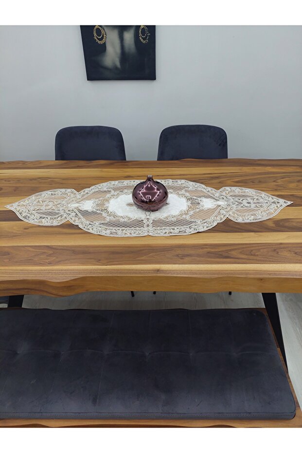 Runner, Tablecloth, Lace Embroidered in Brown Tones 140x47