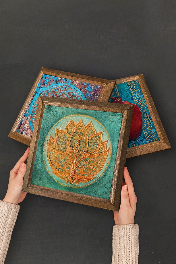 Yaşam Çiçeği, Lotus Çiçeği, Sri Yantra, Tavus Kuşu Taş Duvar Tablosu Ahşap Çerçeveli Duvar Dekoru - 4