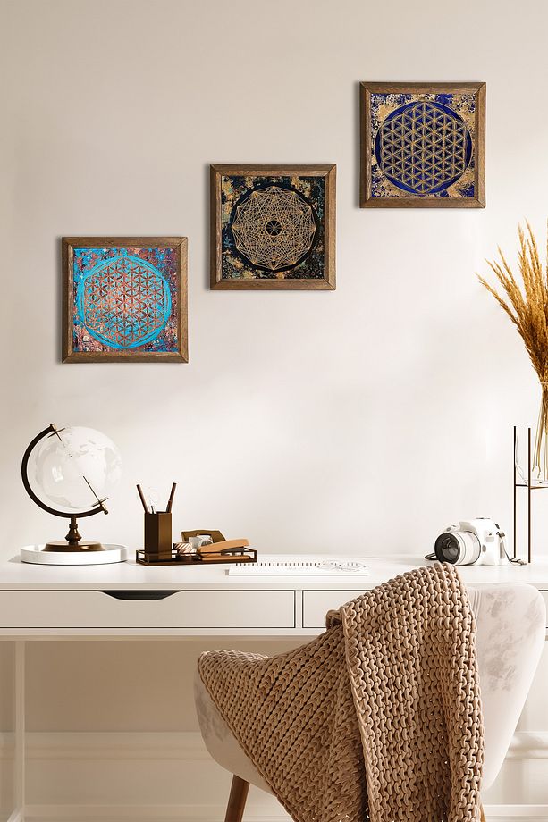 Sri Yantra, Yaşam Çiçeği Taş Duvar Tablosu Ahşap Çerçeveli Duvar Dekoru 3 Parça Tablo Seti Wall Art - 1