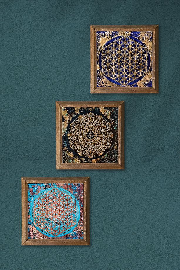 Sri Yantra, Yaşam Çiçeği Taş Duvar Tablosu Ahşap Çerçeveli Duvar Dekoru 3 Parça Tablo Seti Wall Art - 3