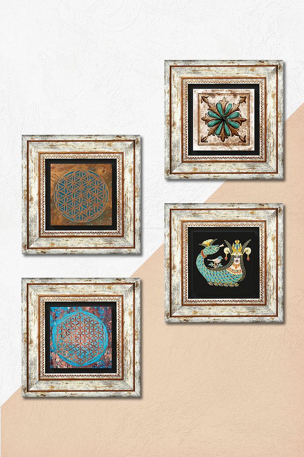 Yaşam Çiçeği, Şahmeran, Fas Desenli Vintage Taş Duvar Tablosu Çerçeveli Duvar Dekoru 4'lü Tablo Seti - 5