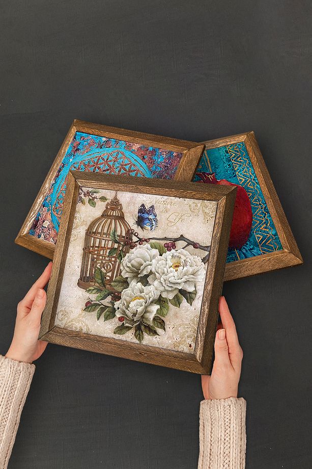 Ebru Sanatı, Kelebekli Çiçek Taş Duvar Tablosu Ahşap Çerçeveli Duvar Dekoru 6'lı Tablo Seti Wall Art - 4