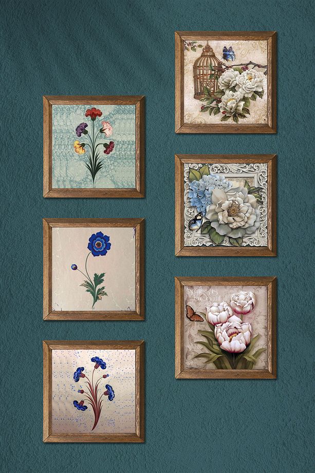 Ebru Sanatı, Kelebekli Çiçek Taş Duvar Tablosu Ahşap Çerçeveli Duvar Dekoru 6'lı Tablo Seti Wall Art - 3