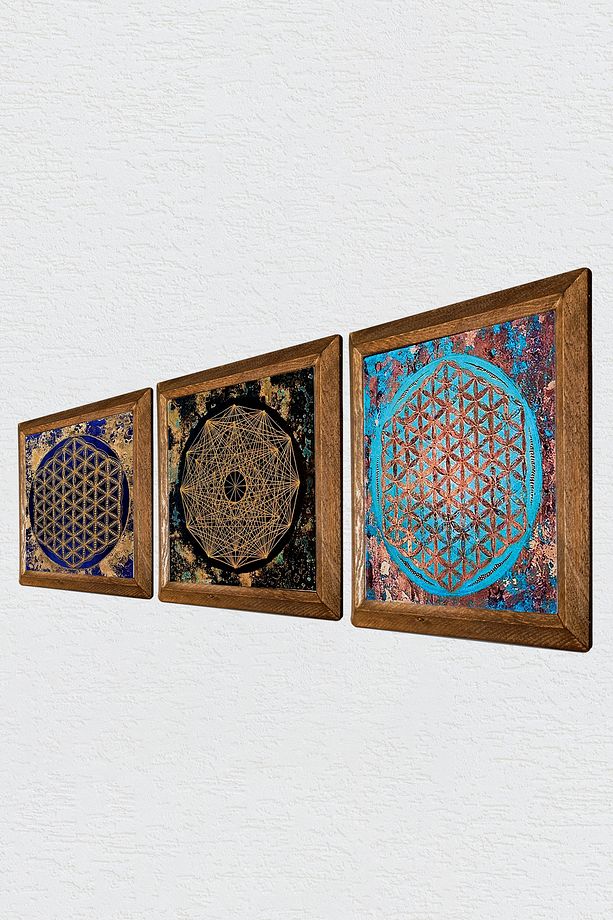 Sri Yantra, Yaşam Çiçeği Taş Duvar Tablosu Ahşap Çerçeveli Duvar Dekoru 3 Parça Tablo Seti Wall Art - 2