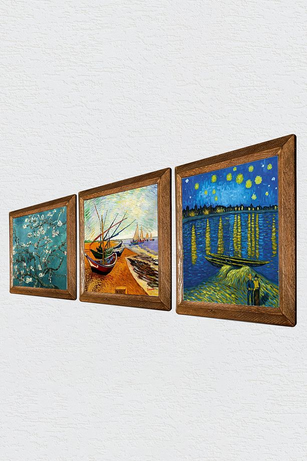 Van Gogh Taş Duvar Tablosu Ahşap Çerçeveli Duvar Dekoru 3 Parça Tablo Seti Wall Art W3-507 - 2