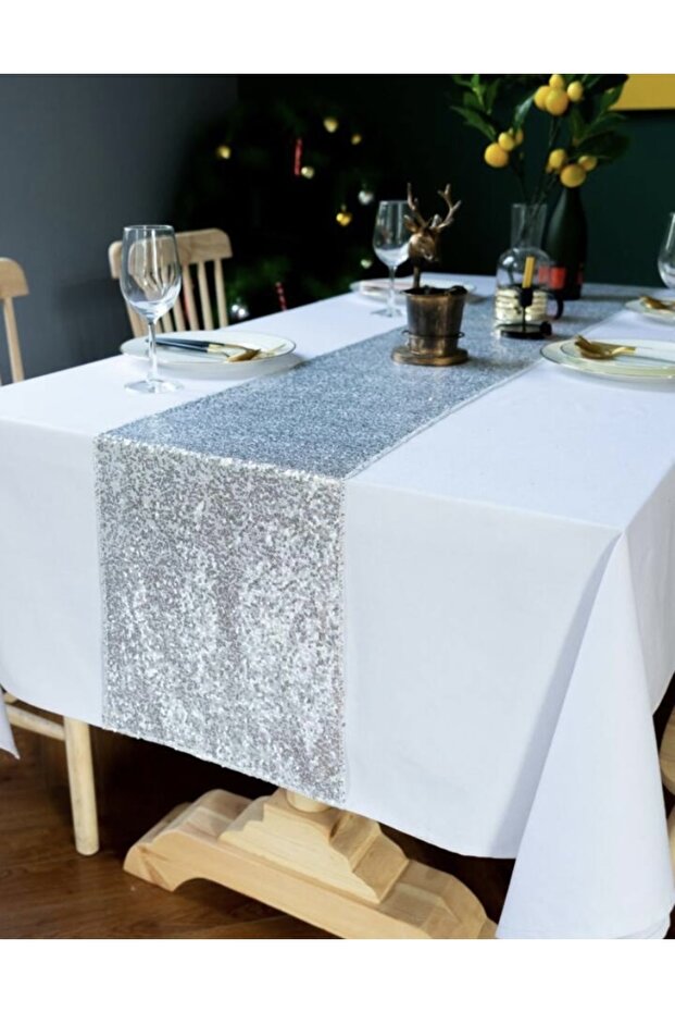 Silver Sequin Sequined Table Runner (40x140) - 2