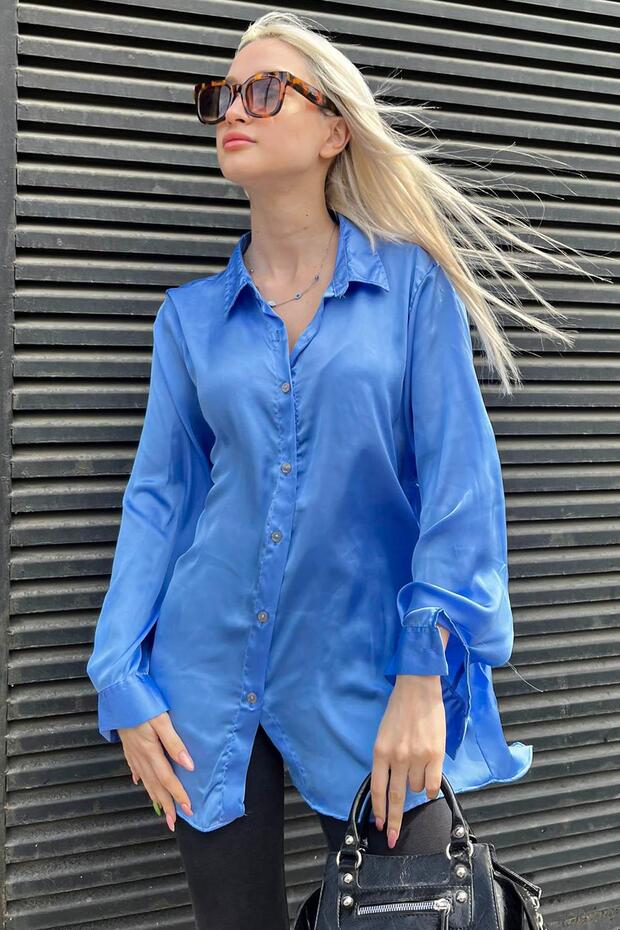 Blaues Basic Damen Satin Hemd Mg1326 - 4