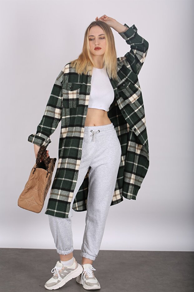 Mad Girls Green Long Plaid Shirt Jacket Mg1234