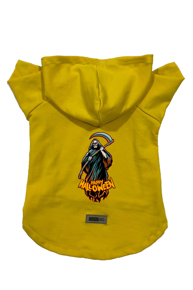 Hooded Fleece Sweatshirt Dog and Cat Outfit & Dress - Yellow Happy Halloween Grim Reaper