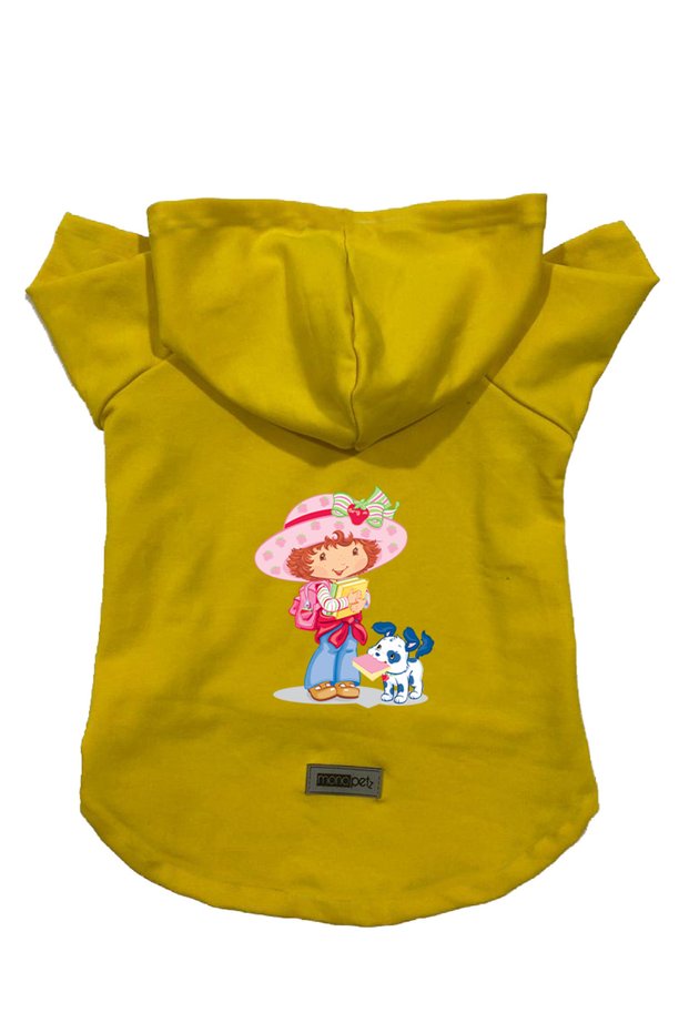 Hooded Fleece Sweatshirt Dog and Cat Outfit & Dress - Yellow Strawberry Girl and Dog - Size L