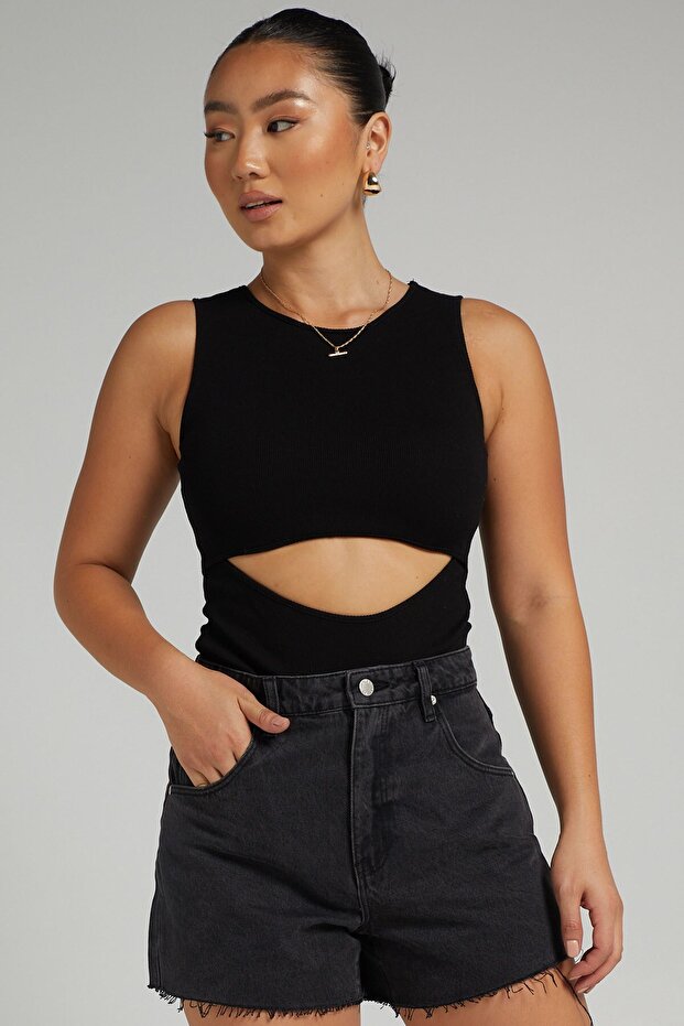 Siyah Yırtık Detaylı Basic Bodysuit - 2