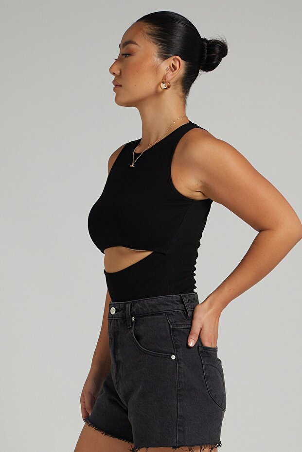 Siyah Yırtık Detaylı Basic Bodysuit - 7