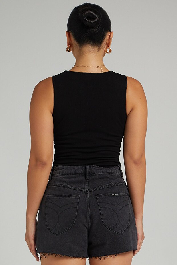 Siyah Yırtık Detaylı Basic Bodysuit - 8