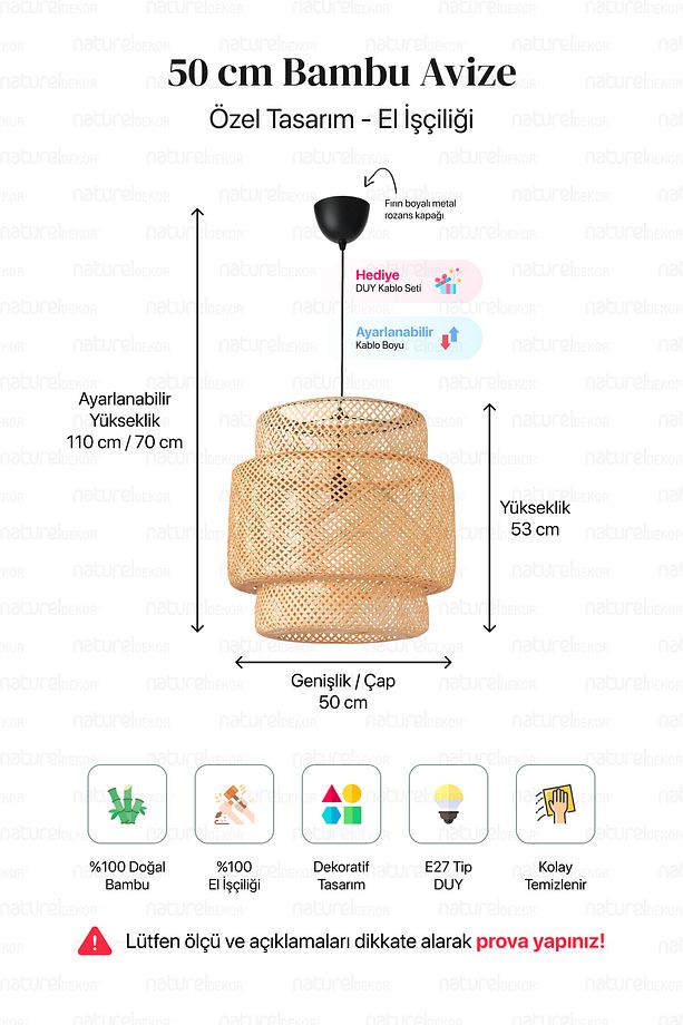 Sinnerlig Bambu Avize 50cm- Iskandinav, Modern, Bohem, Rattan Avize, Aydınlatma - 5