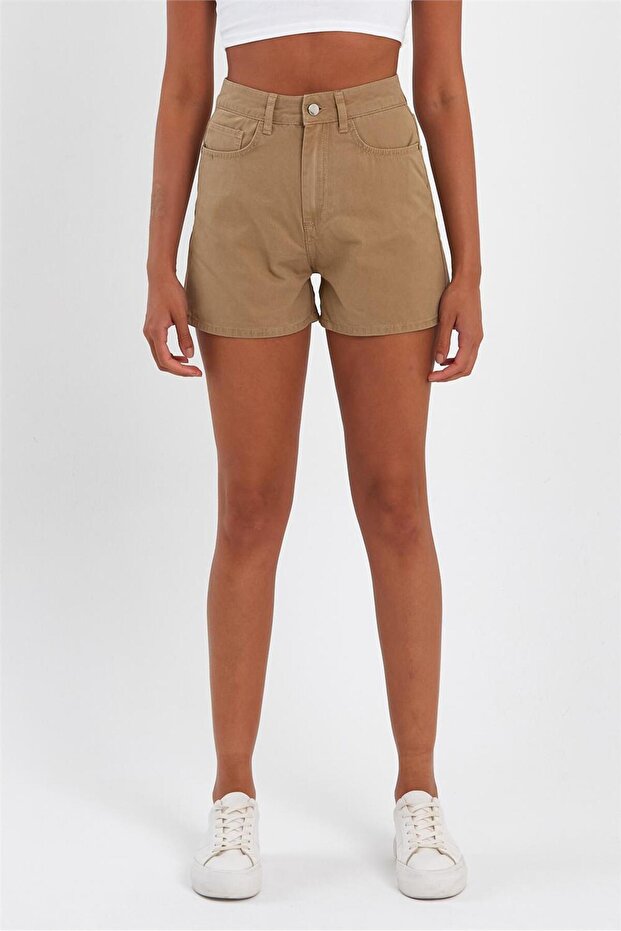 - Kadın Mini Slim Denim Şort Camel - 2