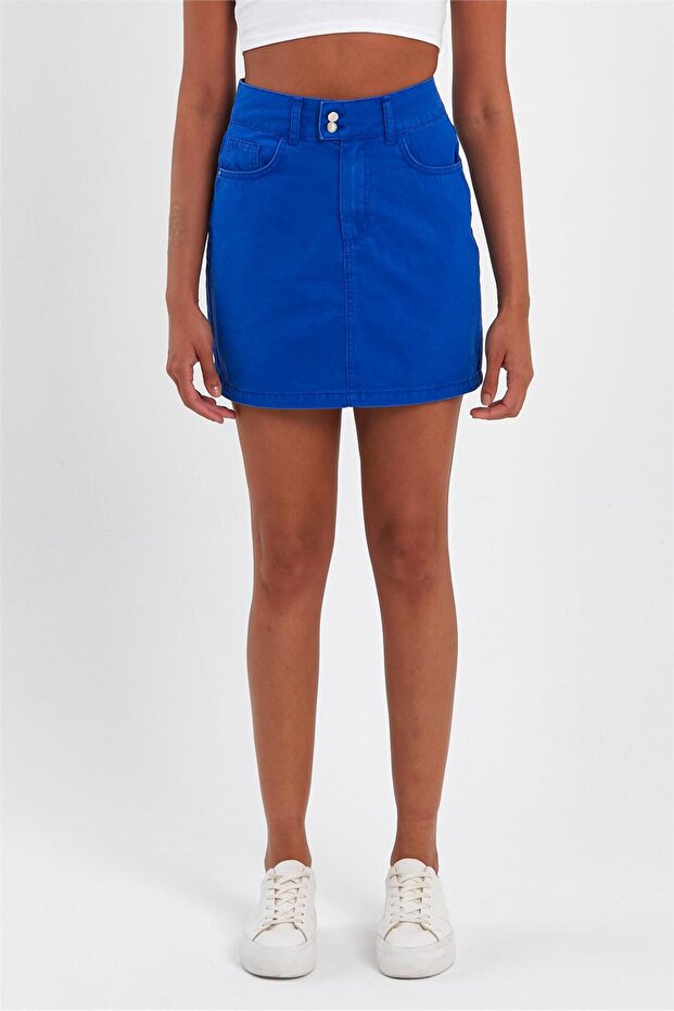 - Kadın Çift Düğmeli Mini Kot Etek Saks - 2